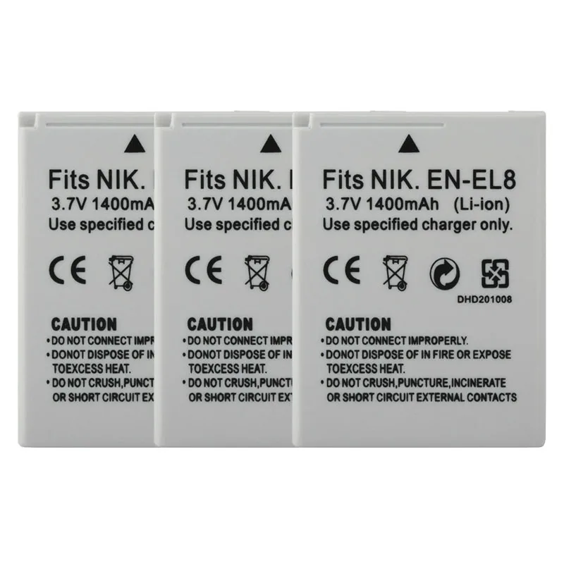 

3 шт. 1400 мАч перезаряжаемый аккумулятор для камеры EN-EL8 En EL8 ENEL8 Li-Ion для Nikon COOLPIX P1 P2 L1 L2 S1 S2 S3 S4 S5 S6 S7