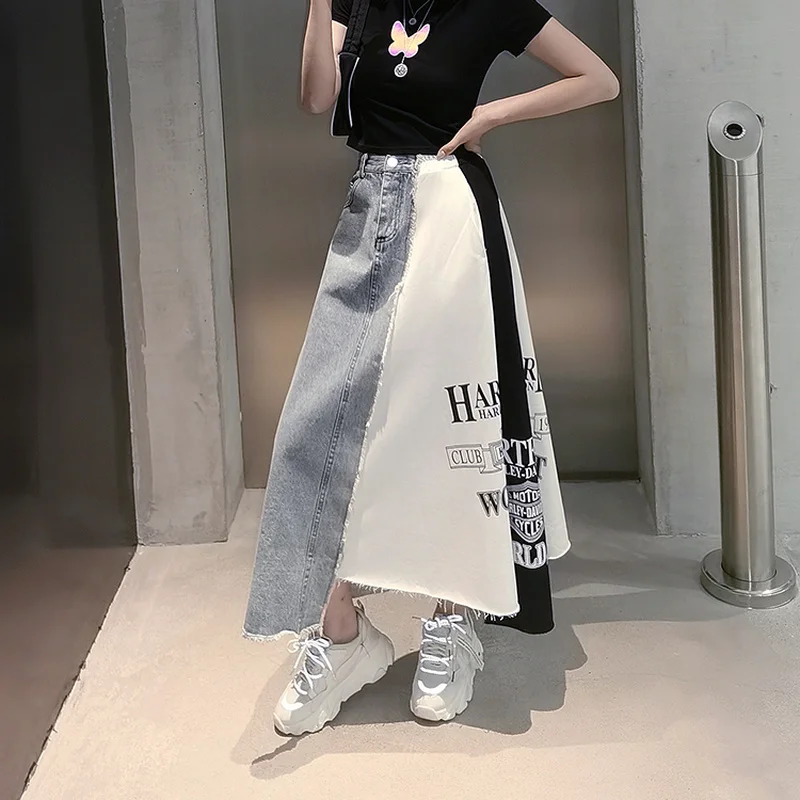 

Women Loose A-line Temperament Casual Mid-length Skirts Letter Printing Patchwork Female Irregular Denim Skirt Korean Harajuku