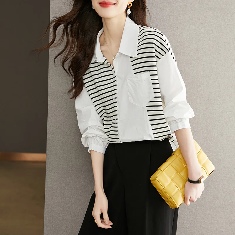 Женская Асимметричная рубашка в полоску черно-белая блузка составного кроя с