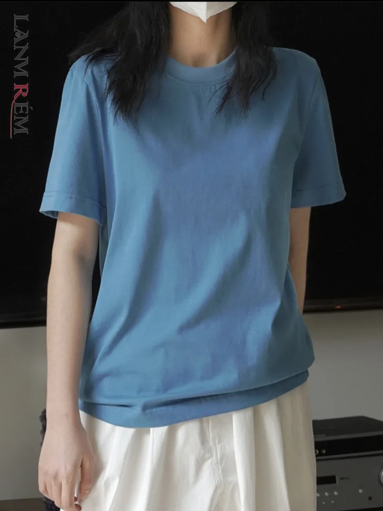 

LANMREM 2023 летняя новая футболка для женщин с круглым вырезом и короткими рукавами, однотонные повседневные топы, модная женская одежда 2YA396