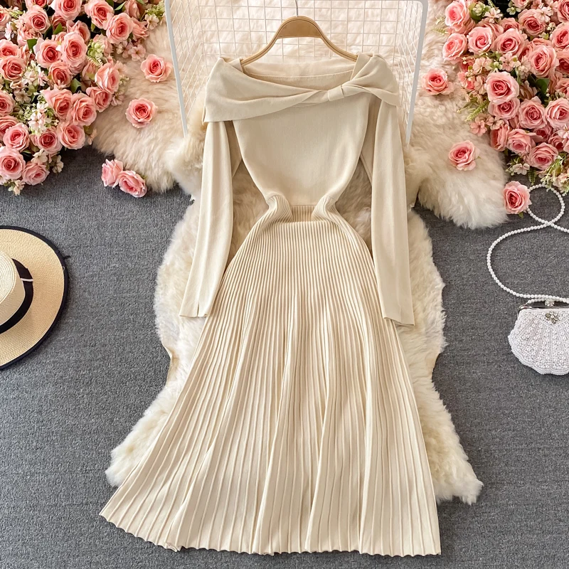 

Женское винтажное вечернее платье Croysier, элегантное плиссированное платье-свитер средней длины с длинным рукавом для вечерние ени и зимы, 2021