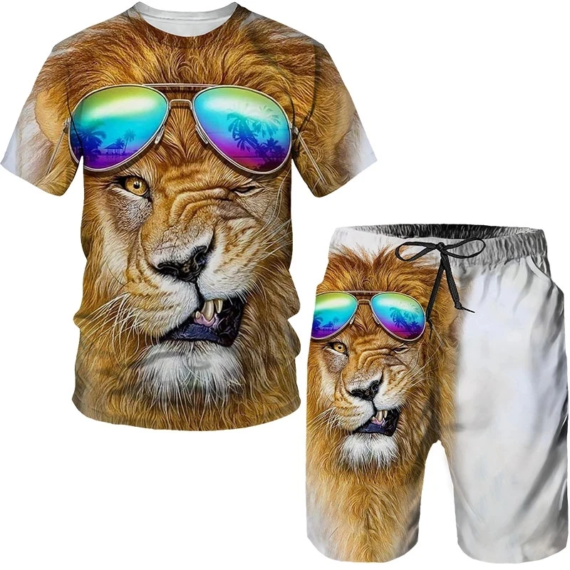 

New Summer Men's T-shirt 2-piece Set Male Casual Suit 3D Printing Tiger Lion Sleeve+Shorts Oversized 2022