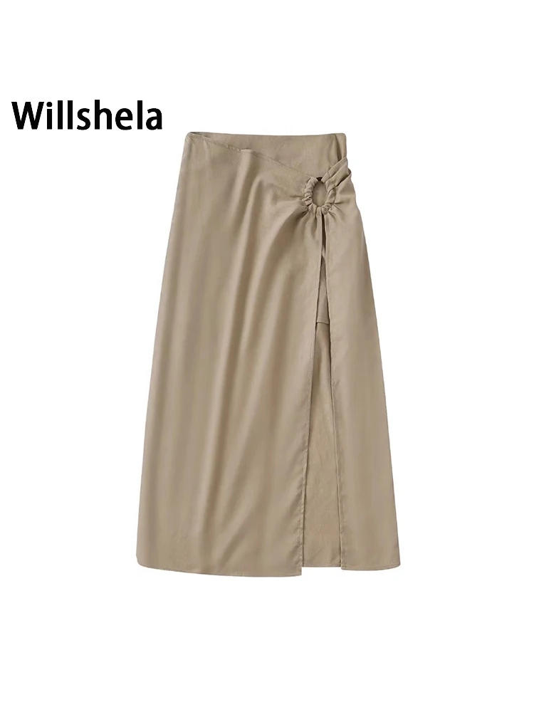 

Женские модные однотонные Юбки-миди Willshela с разрезом спереди и боковой молнией, винтажные женские шикарные юбки с высокой талией