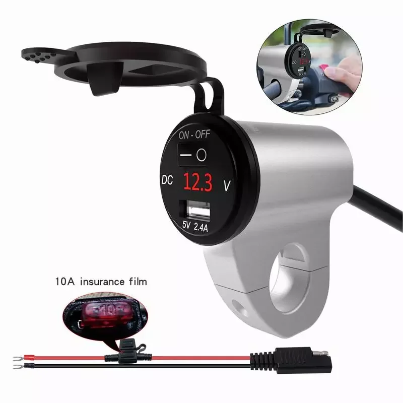 

NEW2023 2.4A Digital Display Mobile Phone Adapter Aluminum Alloy Waterproof Car Fast Charger with Switch Motorcycle USB Charger