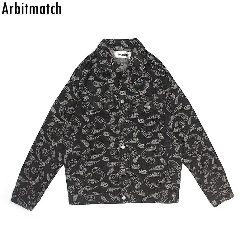 

Men Hip Hop Streetwear Jacket Cashew-print Denim Button-up Jacket Creative Harajuku Distressed Jacket Vintage Men Jacket