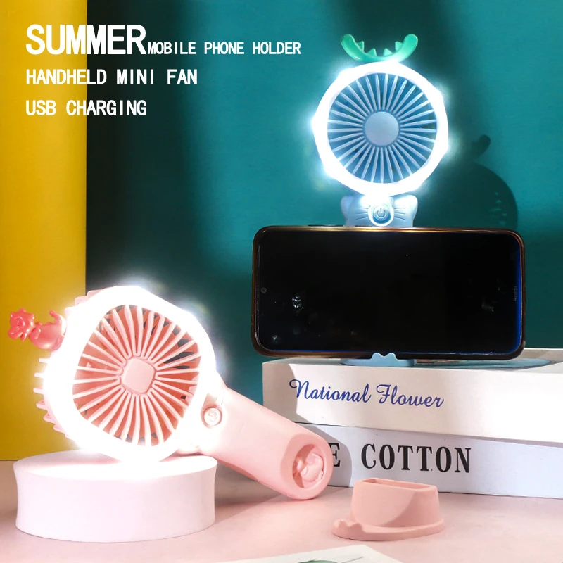 

Summer Hand-held Mini Fan USB Rechargeable With Light Student Out Portable Night Light Desktop Friend Gift Mobile Phone Holder