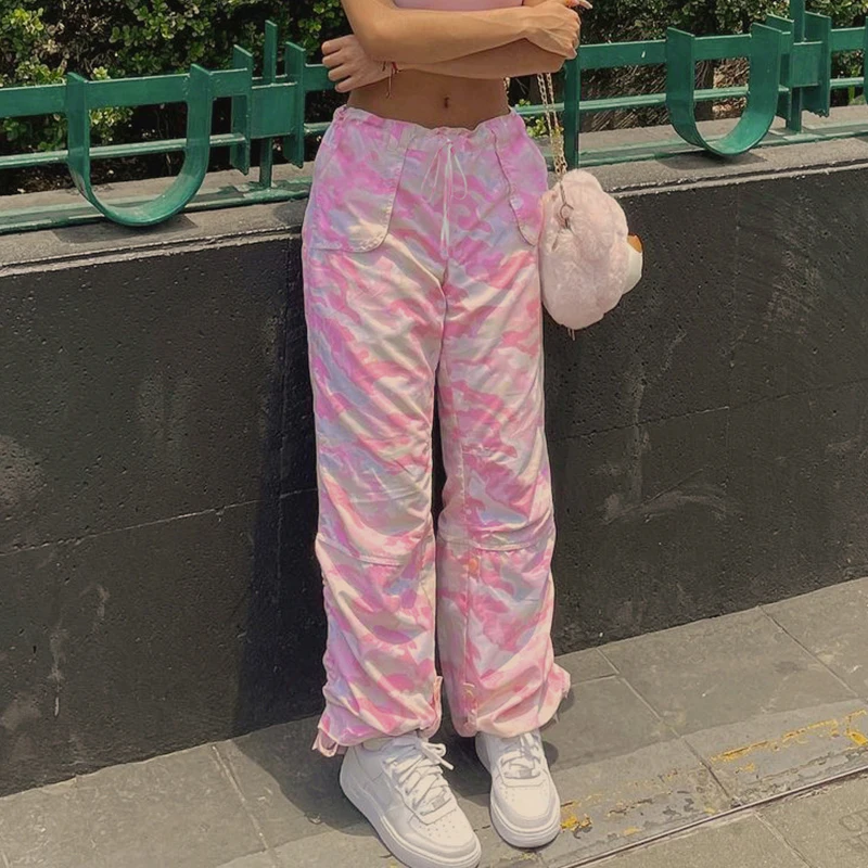 

Sunny y.j. Pink Printed Cargo Pants Ruched Drawstring Baggy Sweatpants Women y2k Cute Streetwear Joggers Pockets Korean Outfits