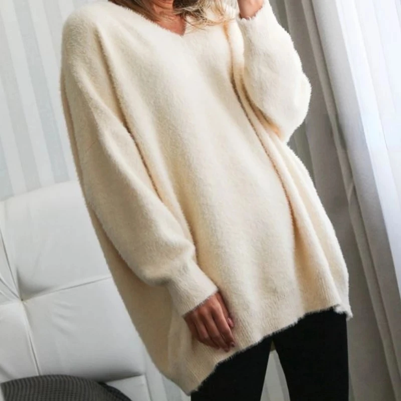 Зимние пушистые свитера Женский вязаный свитер с V-образным вырезом однотонный