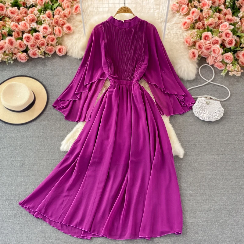 

Seaside Holiday Beach Dress Women's Bohemian Big Swing Dress Temperament Stand Collar Dolman Sleeve Dress