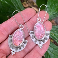 2022 new inlaid pink stone carving fan shaped womens silver earrings silver plated metal womens slim temperament jewelry