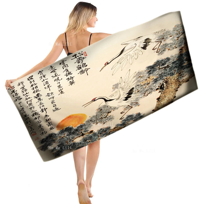 

Traditional Asian Japanese Painting Of The Crane Dance Artificial Birds Flowers Pines Natural Quick Drying Towel By Ho Me Lili