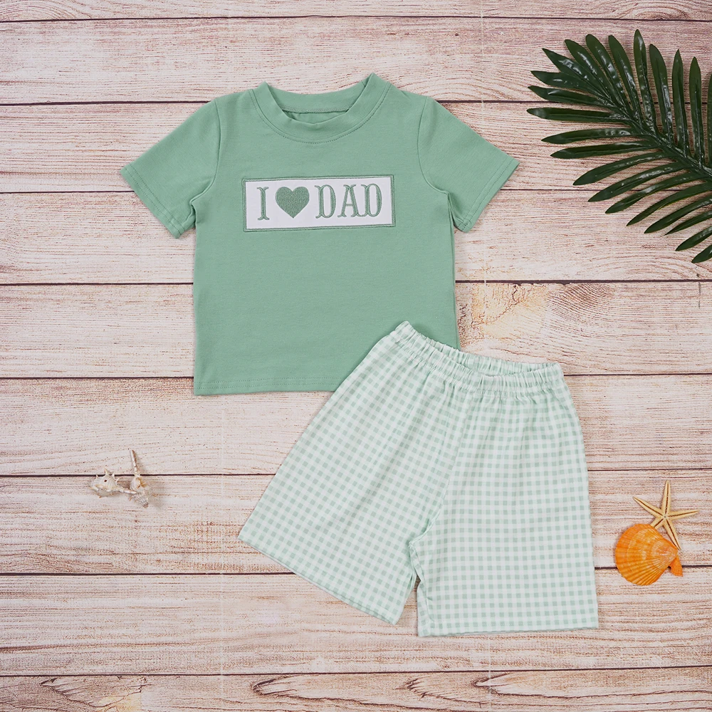 

New Arriving 3-7T Outfits Baby Boy Cotton Clothes Set I Love DAD Embroidery Bodysuit Toddler Sleeve Green T-shirt Lattice Shorts