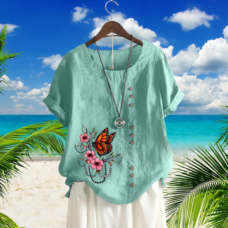 

2022 Summer Women Linen Round Neck Blouse Beautiful Butterfly Printed Loose T-shirt Solid Color Short Sleeve Shirt Tops XS-5XL
