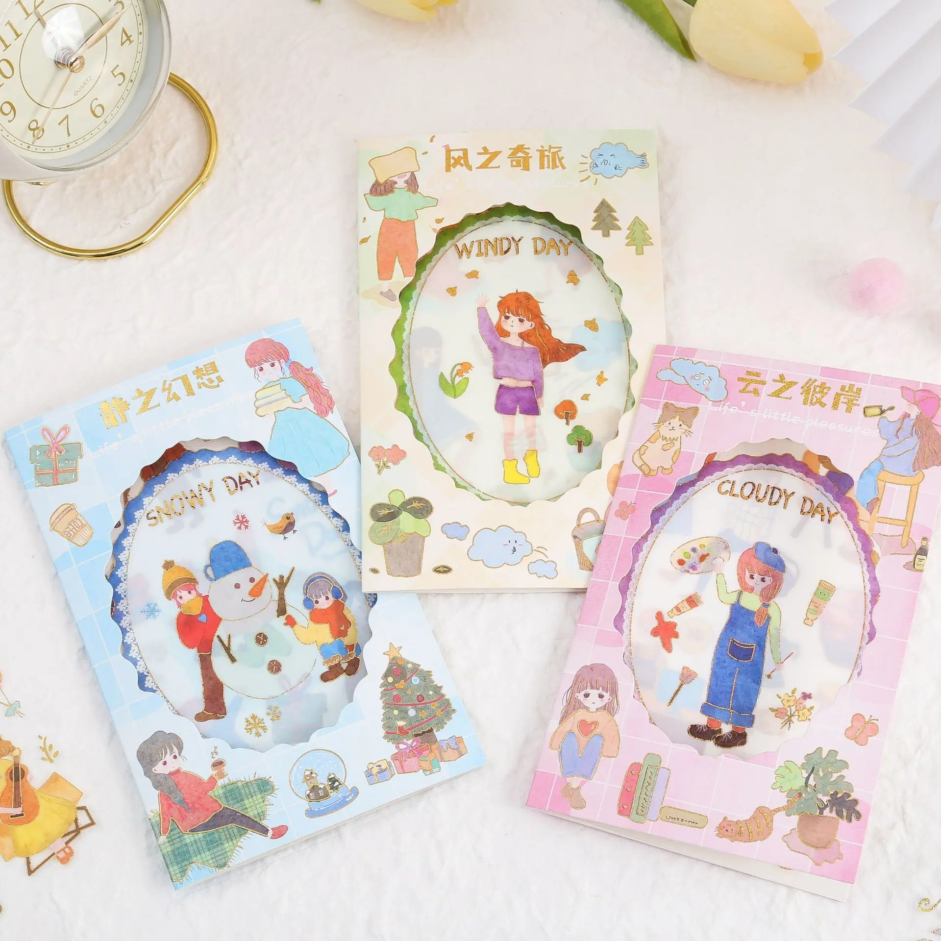 

4PCS Life fun stickers bronzing cartoon girl hand account stickers self-adhesive stickers wholesale korean stationery paper
