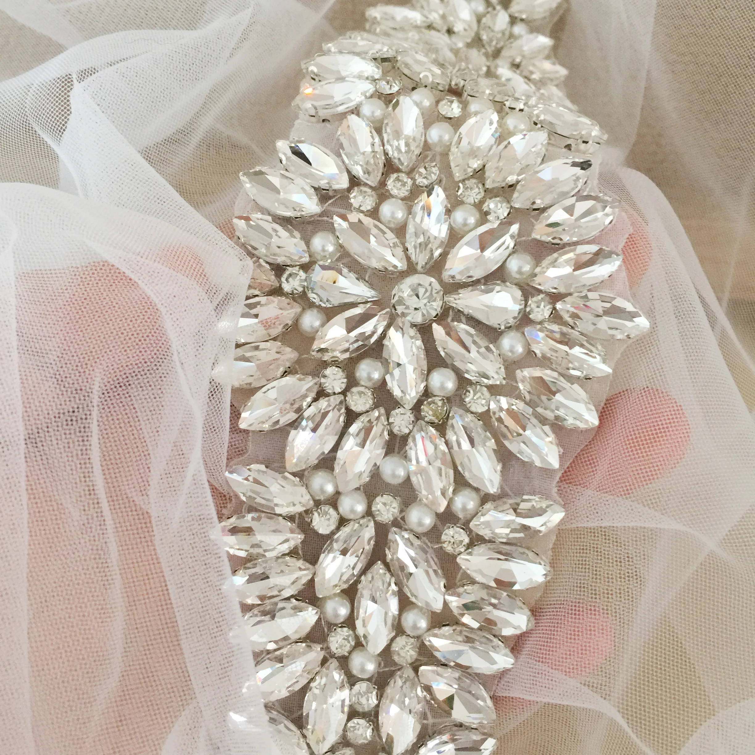 

Rhinestone Pearl Appliques, Iron On Crystal Beading Lace Motif Wedding Shoes Dress Belt Bridal Veil Cape Cover up 15x20