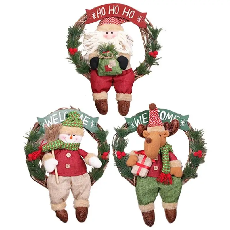 

Christmas Wreath Rattan Garlands Oranments With Elk Snowman Santa Claus Christmas Decor For Home New Year Navidad Door Pendants