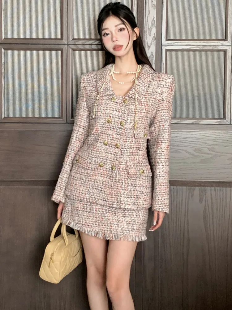 

Женский твидовый комплект из двух предметов, Куртка и юбка, комплект из двух предметов, одежда для осени и зимы