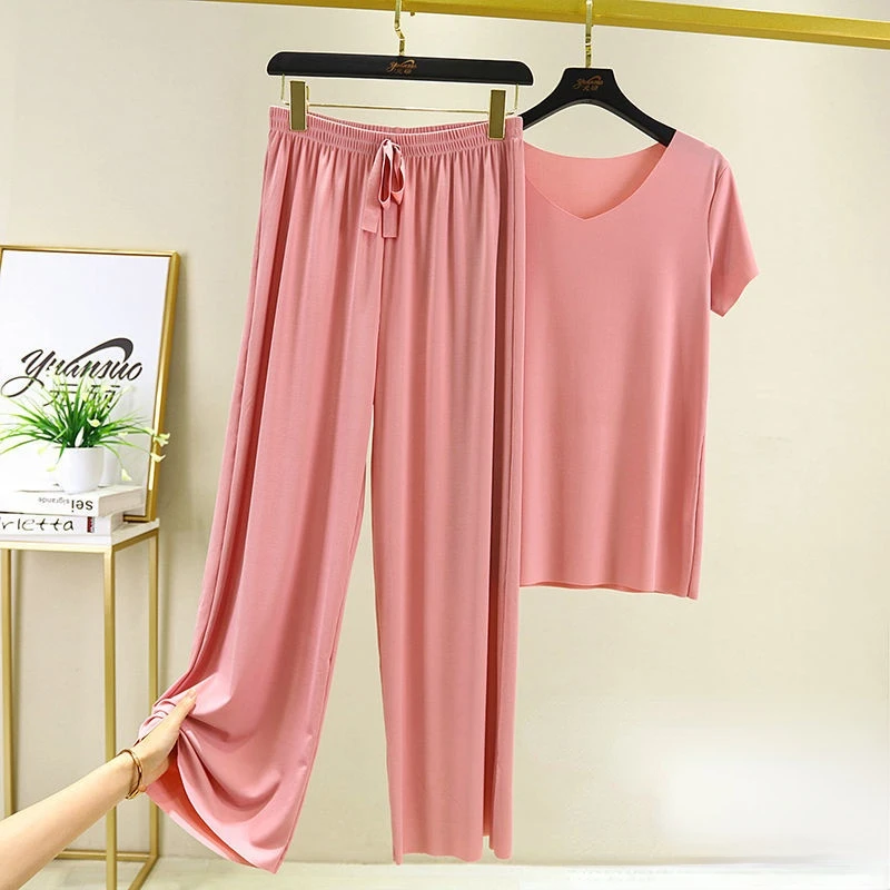 

Тонкий костюм, новинка, одежда из двух предметов, шелковая домашняя пижама, короткая футболка с длинными штанинами, женские брюки, летний ко...