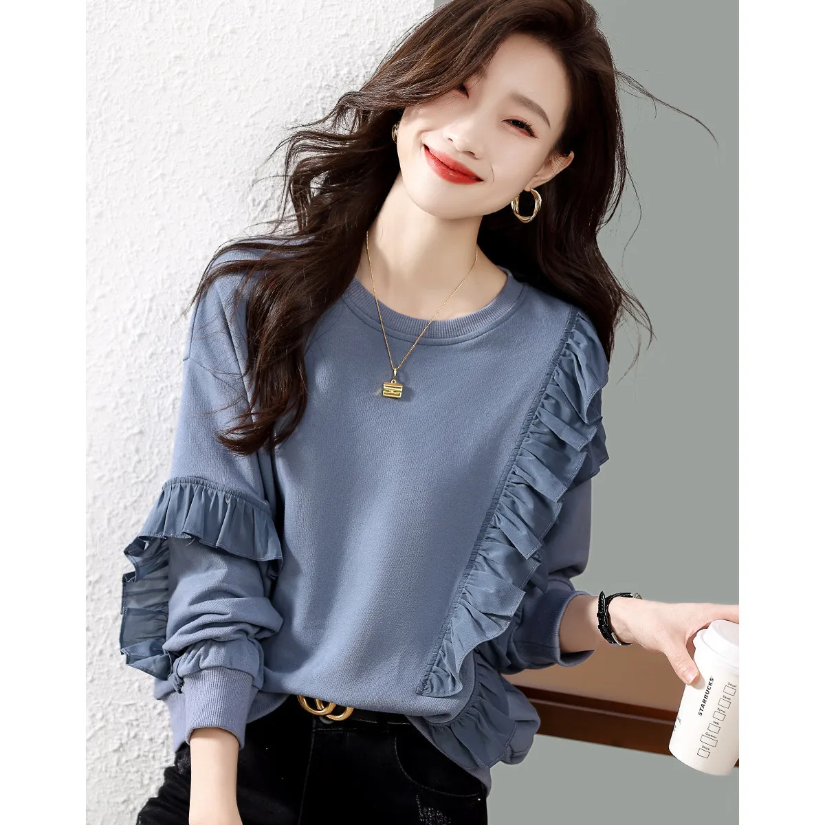 

Women's Elegant Pullovers Sweatshirt Solid Color O-Neck Ruffled Panelled Tops Clothing Ladies Spring Autumn New Loose Casual
