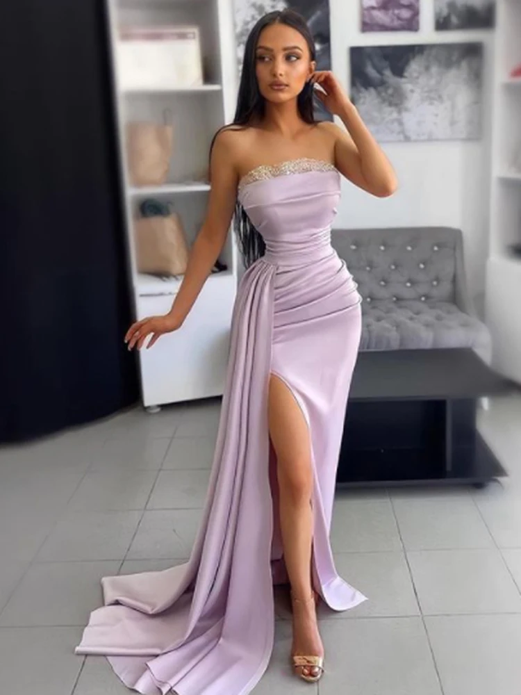 

Sexy Evening Dresses Strapless Satin High Split Prom Dress 2023 Lavender Party Cocktail Gowns Saudi Arabia Dubai Plus Size