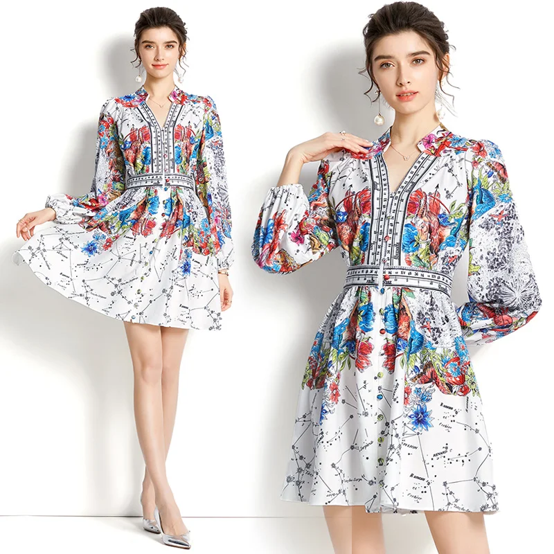 

2022 Spring/Summer Retro Deep V-Neck Lantern Sleeve Printed Long Dress