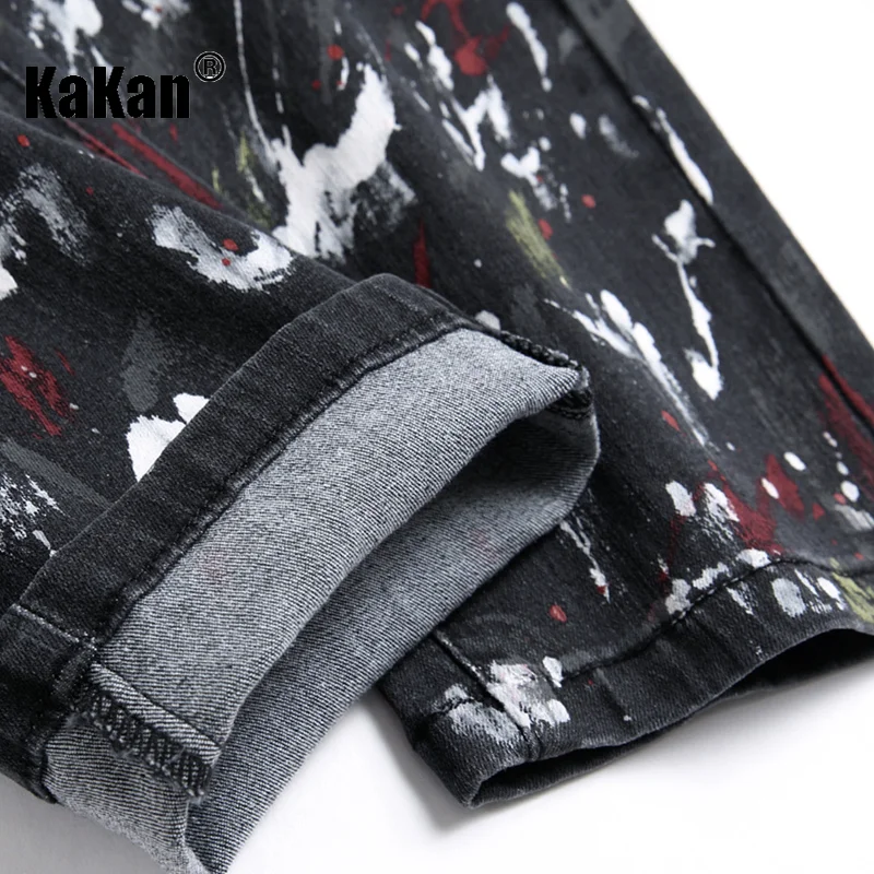 Kakan - New Distressed Painted Jeans for Men, Stretch Trend Personalized Slim Fit Small Feet Black Long Jeans K19-1150
