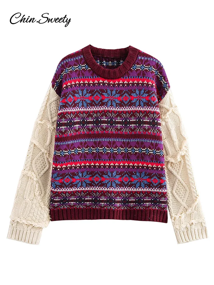 Модный женский свитер с контрастным принтом пуловеры свободный трикотаж круглым