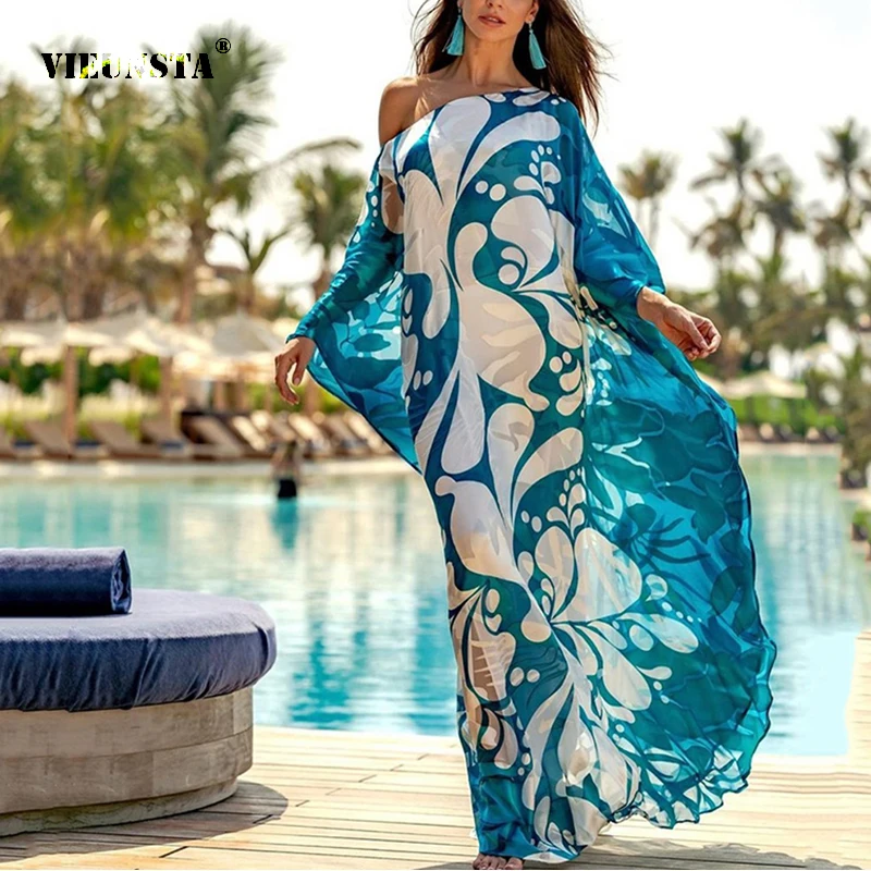 

Женское пляжное платье с открытыми плечами, Длинное Элегантное Платье с принтом в богемном стиле, весна-лето