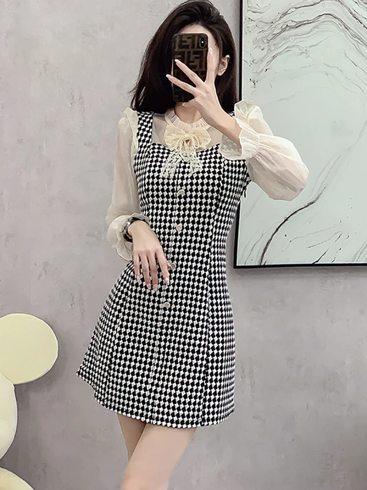 Женское клетчатое Сетчатое платье в стиле пэчворк с бисером и бантом на