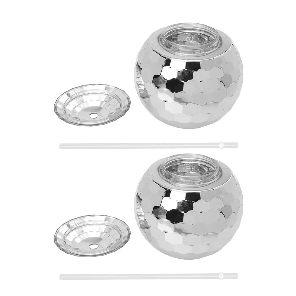 

2pcs Creative Flash Ball-shaped Cup Bar Disco Ball-shaped Beverage Cup with Straw for Party