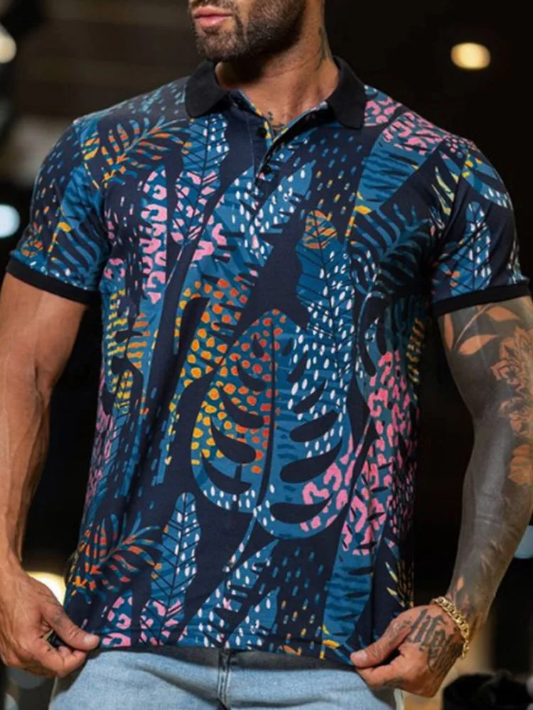 

2022 Summer New Mens Polo Shirt Fashion Turn-down Collar Buttoned Printed Tops Men Fashion Patchwork Short Sleeve Streetwear