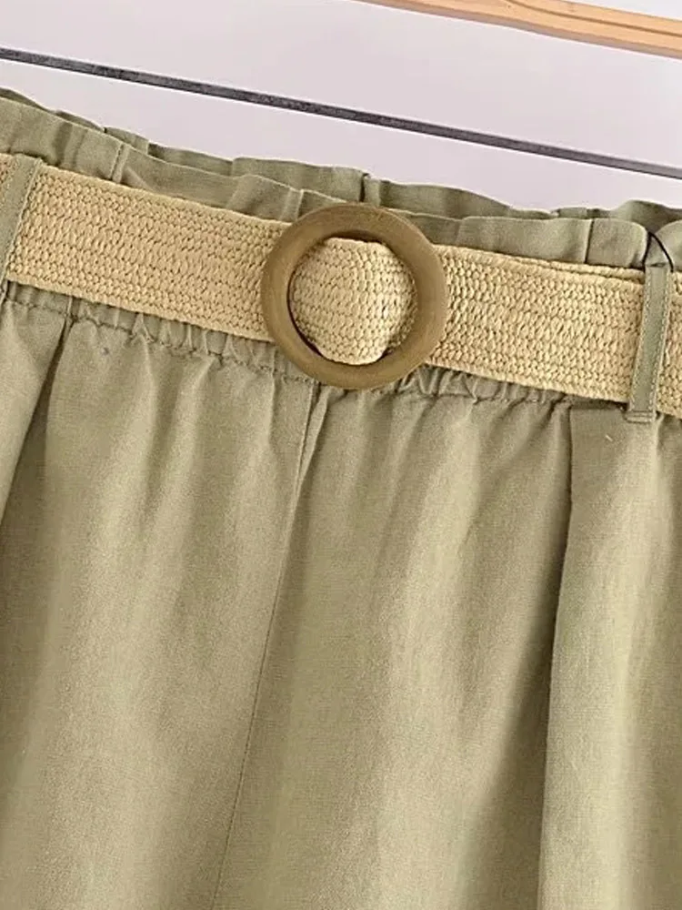 PAILETE Women 2023 fashion with belt bermuda shorts vintage high elastic waist front pockets female short pants mujer