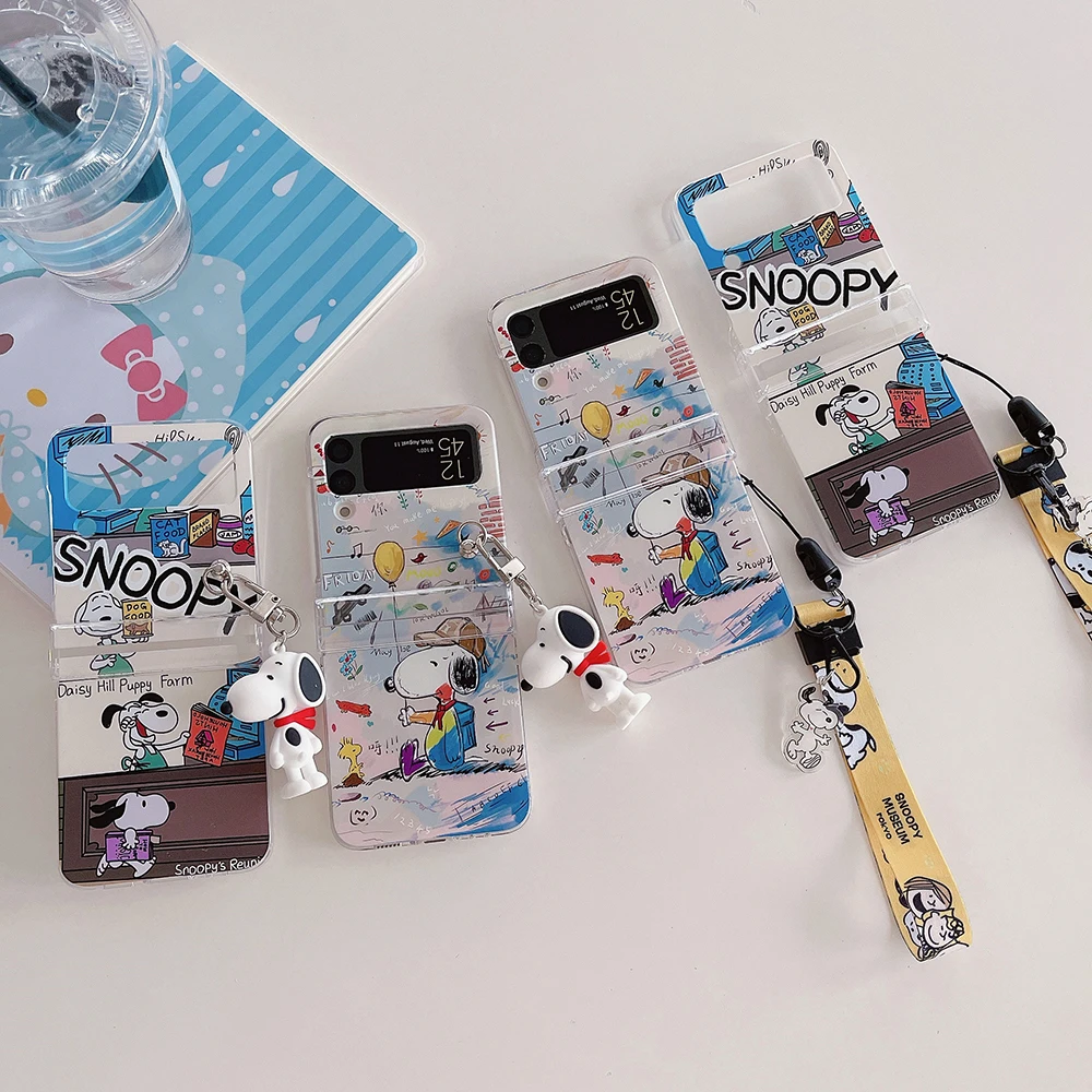 

Cartoon Snoopies With Lanyard Plus Doll Clear Hard Shell Folding Phone Case for Samsung Galaxy Cover ZFlip3 ZFlip4 5G Back Cover