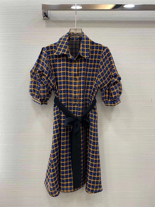 2023 new women fashion pleated bubble short sleeve lapel plaid belt slim dress 0614