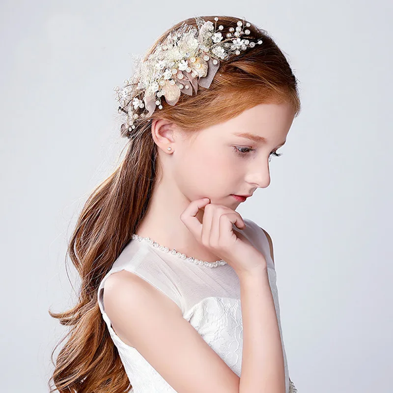 

Wedding Bridalmaid Hair Jewelry Champagne Party Kids Girls Headpiece Pearls Crystal Hair Combs Performance Hairbands