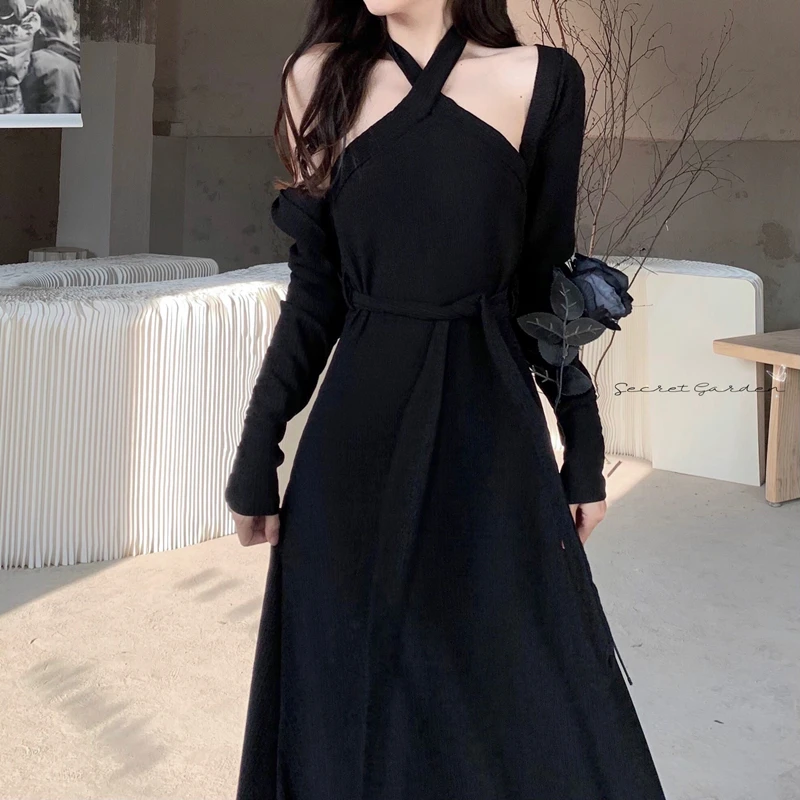 Женское трикотажное платье-макси с лямкой на шее, Черное длинное трикотажное платье из двух предметов в винтажном стиле, 2022 от AliExpress RU&CIS NEW