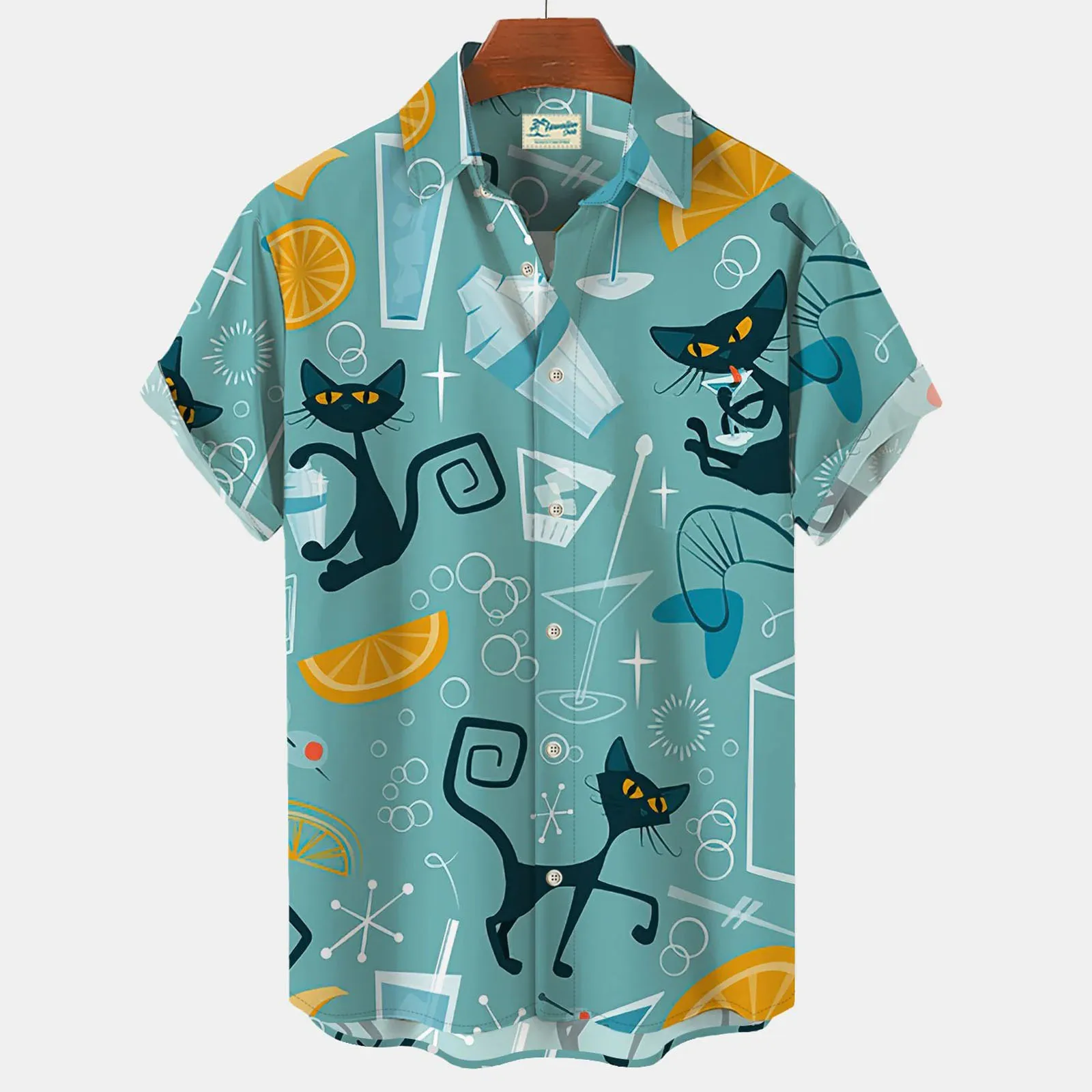Summer Lapel Men's Shirt Fashion Short Sleeve Cartoon Printed Cat Pattern Shirt Oversized Unisex Shirt Casual Women Clothing