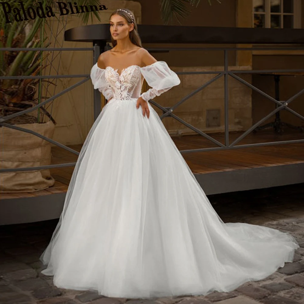 

Paloda Simple Lacing Up O-Neck Wedding Dresses For Women Detachable Long Lantern Sleeves Bling Tulle Court Train Illusion