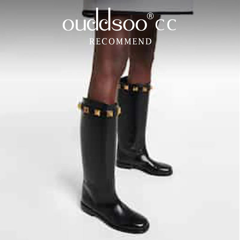 ODS Women Fall New Stud Black Leather Flat Knee High Boots Round Toe Rivets Solid Color Tall Luxury Designer Shoes Winter 414346