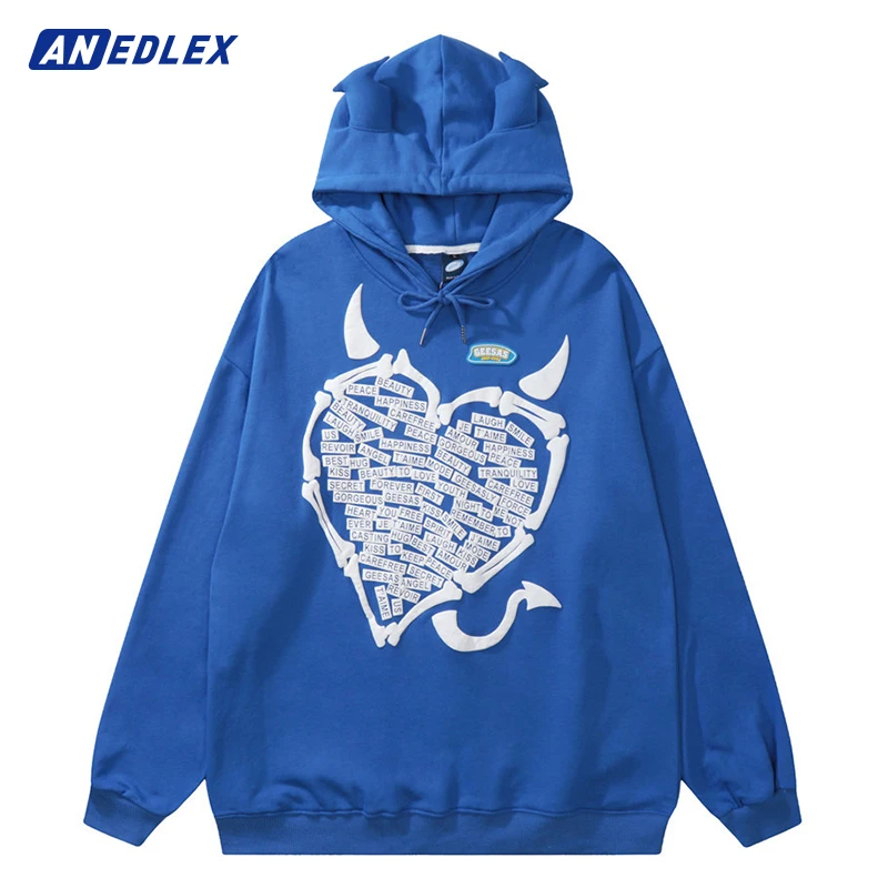 

Autumn Hoodie Sweatshirt Fashion Letter Heart Puff Little Devil Hooded Pullover Men Hip Hop Streetwear Harajuku Cotton Hoodie