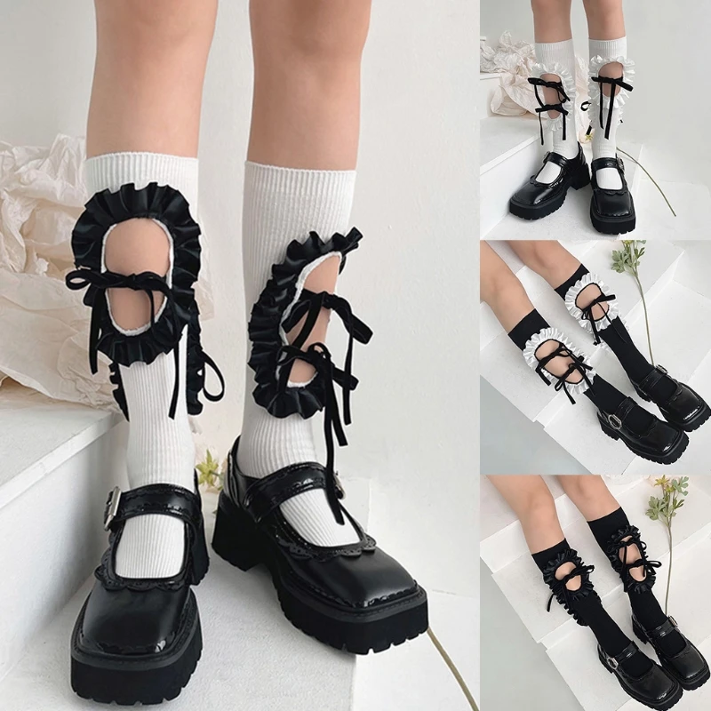 

Japanese Women Girls Ribbed Calf Socks Harajuku Hollow Out Hole Ruffled Patchwork Lace-Up Bowknot Student Cotton Mid 37JB