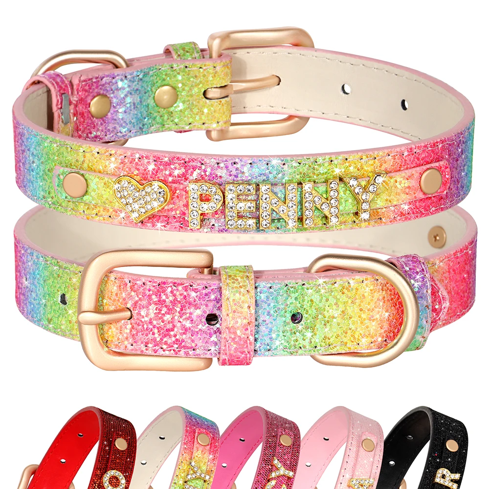 

Personalized Dog Collar Bling Rhinestone Sequins Necklace Alloy Buckle Dogs Cat Name Collars Free Engrave For Small Large Dogs
