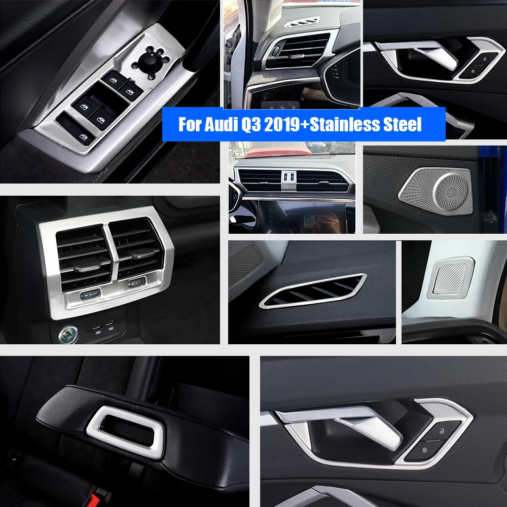 

For Audi Q3 2019-2022 Stainless Steel Car glass Lift speaker audio Rear Air Vent outlet inner door Bowl Cover Trim Accessories