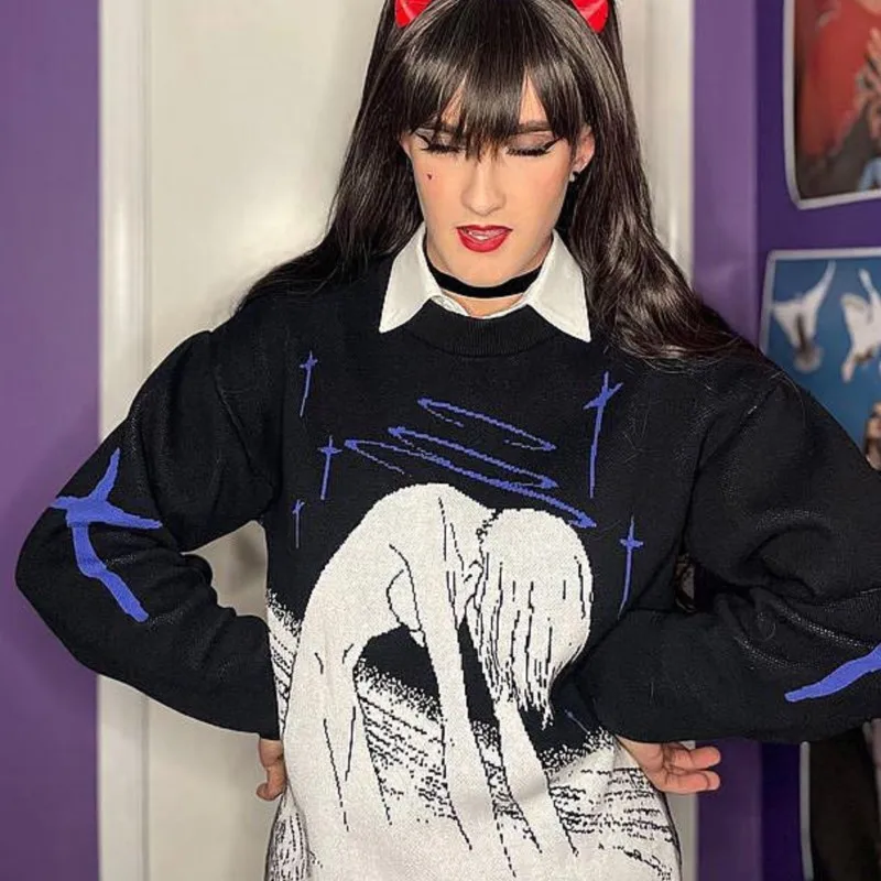 

Милый женский вязаный пуловер с аниме-рисунком и круглым вырезом, свитер, уличная одежда для девочек, вязаная одежда оверсайз в стиле Харадз...