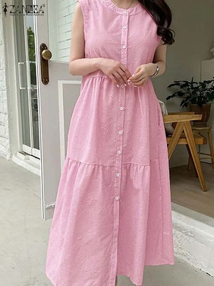 

ZANZEA Summer Long Shirt Dress Holiday Stripe Sundress Female Sleeveless O Neck Buttons Down Vestido Causal Kaftan Robe Femme