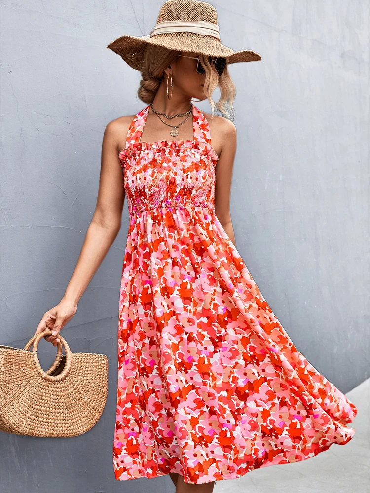 

Женское богемное платье-миди с открытой спиной, Красное Длинное Элегантное Платье с принтом, праздничный сарафан синего цвета для пляжа, ле...