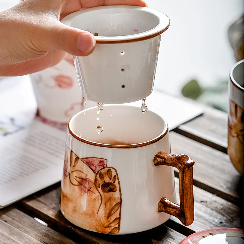 

Japan Cute Cat Hand Painted Ceramics Teacup with Lid Large Capacity Creative Drinkware Coffee Water Mug Milk Cup Novelty Gifts