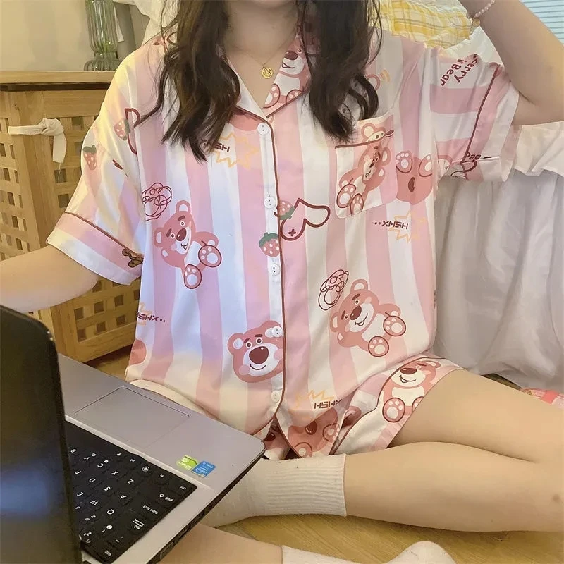 

Disney Cartoon Strawberry Bear Cute Pijamas Set for Women Soft Loungewear Pajamas for Women Cartoon Comfort Women's 2PC Pajama