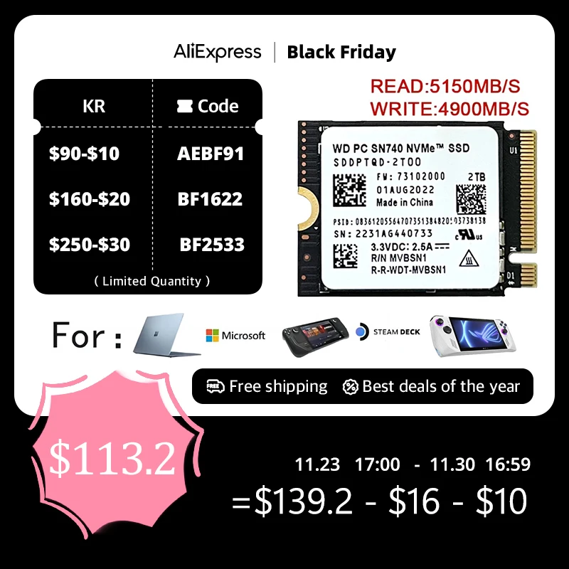 

New WD SN740 1TB 2TB M.2 NVMe 2230 PCIe4.0x4 SSD Solid State for Microsoft Surface ProX Surface Laptop 3 Steam Deck