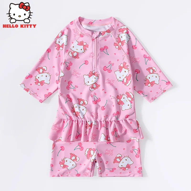 

Hello Kitty Cartoon Two Pieces Swimwear Girls Children Split Princess Swimsuit Sun Protection Breathable Short Sleeved Swimsuit